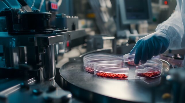 Quality control inspection of premium dry cat food kibbles in a modern food testing laboratory