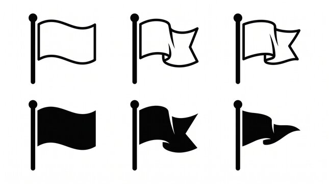 A clean, modern vector icon set featuring six minimalist flag designs mounted on vertical flagpoles with rounded finials. The collection includes three outline-style flags and three solid black silhou