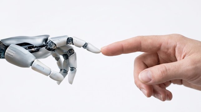 Robotic hand reaching out to touch a human finger, symbolizing the connection between artificial intelligence and humanity, future technology, digital transformation