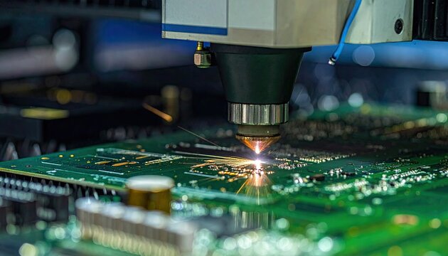 Industrial laser machine cutting green electronic circuit board.