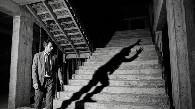 Man with Shadow Figure on Stairs - Black and White, Surreal, Psychological Concept
