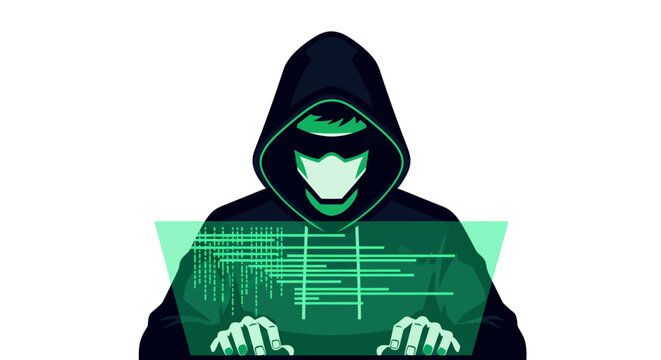 Hacker in hoodie with green screen.