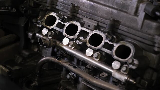 A detailed view of the engine beneath the car's hood, servicing the vehicle at a repair shop.