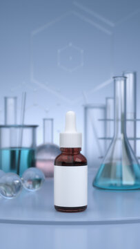Amber bottle Mock-up with Cosmetic chemistry laboratory glassware, Clipping path, 3D rendering