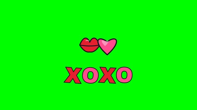 4K green screen XOXO animated text - kiss lips beside a heart, kinetic typography love and romance overlay for valentines couples and social media, chroma key