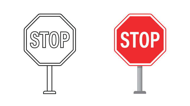 Stop Sign Illustration Outlined And Colored Versions Against White Background