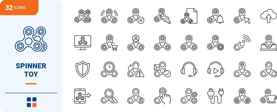 Fidget Spinner Web Icon Set in Linear Style. Collection of Stress Toy line icons, including check mark, settings, security, repair, download, broken toy, rotation, speed and more.