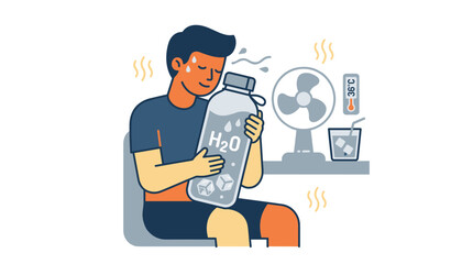 Fototapeta premium Man Cooling Down with Ice Water During Extreme Heatwave Illustration