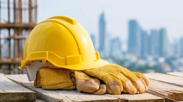 Safe Workday: Worker Ready with Protective Gear Against City Skyline Risks