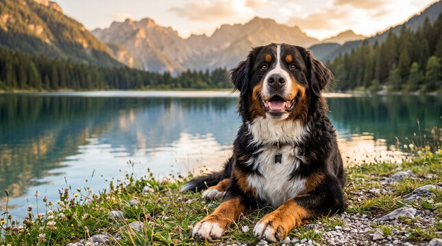 Bernese Mountain Dog portrait of a happy outdoor pet resting by an Alpine lake with majestic mountains for pet blogs, mountain dog adventures, Switzerland breed info, and loyal companion guides