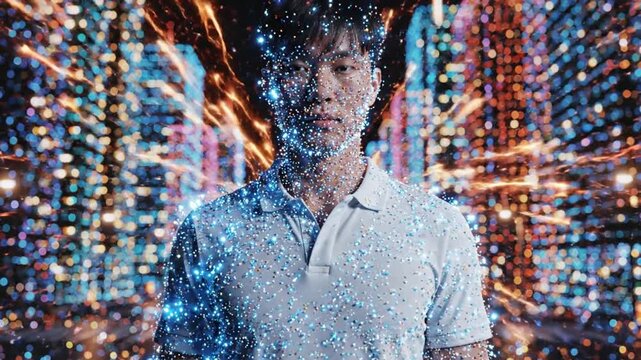 Futuristic digital human in a glowing smart city with AI particles and energy effects, visualizing metaverse, cyber technology, digital identity, and next-generation innovation.