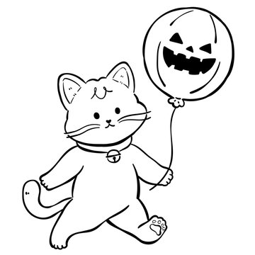 Black Cat Holding Halloween Balloon Coloring Page Illustration