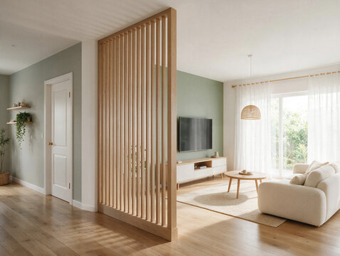 Dise&ntilde;o de interiores moderno con una estructura divisoria de roble natural, sal&oacute;n de estar muy luminoso con muebles minimalistas, TV de pantalla plana. Separador de ambiente recortable en madera. Sala
