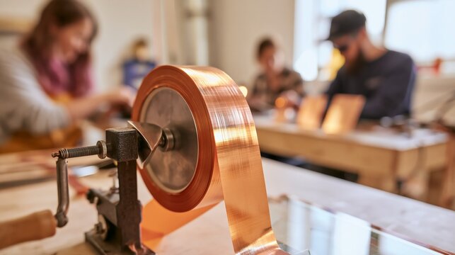 Copper foil wrapping wheel on a glass edge in sharp focus and blurred glass craftspeople behind. Concept of decorative stained glass panel making.