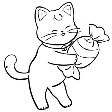 Cute Black Cat with Halloween Candy Coloring Page Illustration