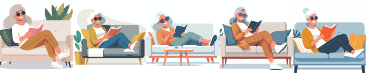 Obraz premium Flat vector illustration of a grandma sitting casually on a sofa reading a book, wearing a summer outfit.