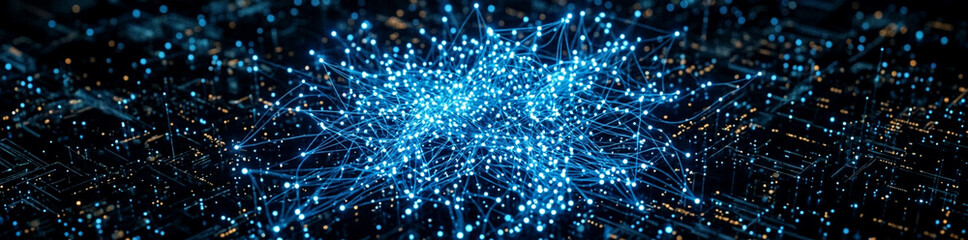 Fototapeta premium Abstract digital data network background. Glowing blue particles representing connectivity.