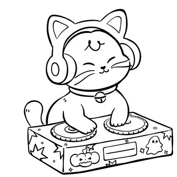 Cute Cat DJ Halloween Party Coloring Page Illustration