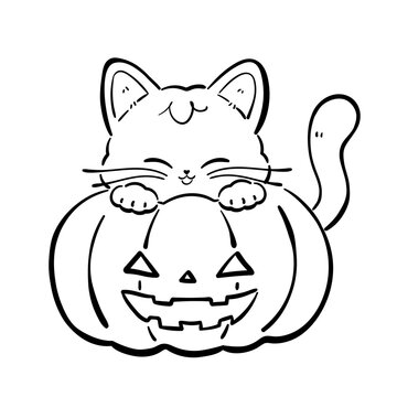 Cute Black Cat with Jack-o-Lantern Halloween Pumpkin Coloring Page Illustration