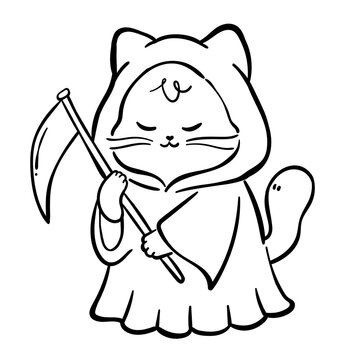 Cute Black Cat Grim Reaper Halloween Costume Coloring Page Illustration