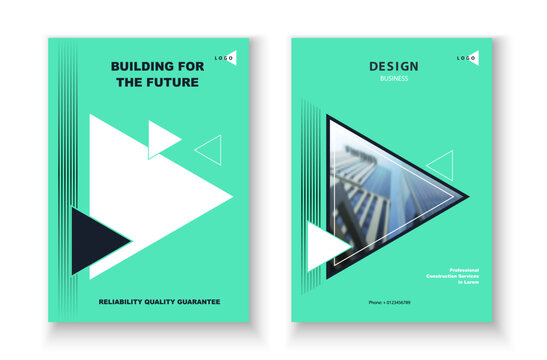 Business brochure template cover design. Information banner frame. White and green triangles, catalog, layout, album, poster. Annual report, headline, advertising text, font, A4 format, vector illustr