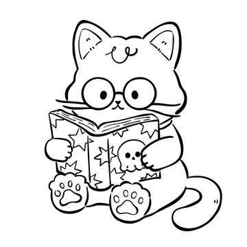 Cute Black Cat Reading a Halloween Ghost Book Coloring Page Illustration