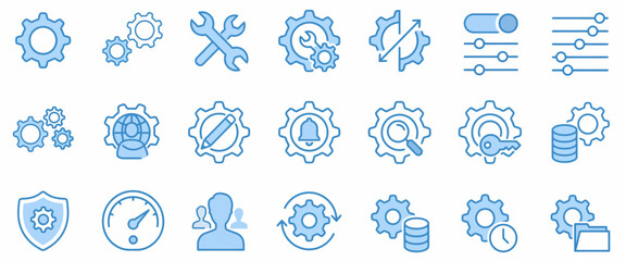 Fototapeta premium Gear and settings options blue line icon set vector illustration