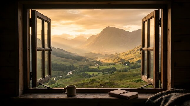 A beautiful view of a lush green mountain valley at sunset seen through an open rustic wooden window frame in a cozy home interior