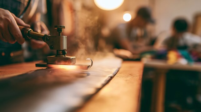 Feather curling steam press in sharp focus and blurred accessory makers behind. Concept of costume accessory manufacturing.