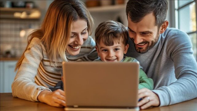 Happy family of four gathered around a laptop computer on a kitchen table. Mom and dad are smiling at the camera as their young son looks over dad's shoulder to see what they're viewing.