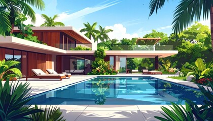 Fototapeta premium Modern Tropical Villa with Swimming Pool and Palm Trees.