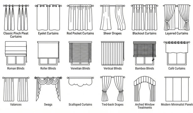 Black and White Window Curtain and Blind Designs Vector Collection for Interior Decoration