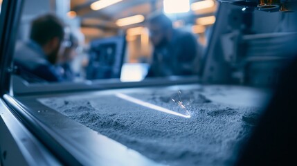 Obraz na płótnie Canvas Metal powder bed fusion printer with a laser scan path in sharp focus and blurred manufacturing technicians behind. Concept of additive manufacturing.