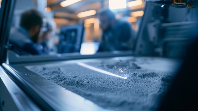 Metal powder bed fusion printer with a laser scan path in sharp focus and blurred manufacturing technicians behind. Concept of additive manufacturing.