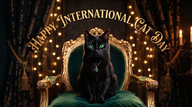 Elegant black cat sitting on a royal golden velvet chair