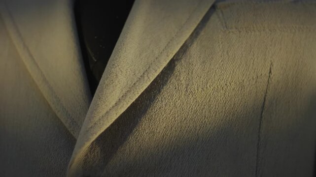 Close-up of tailored beige suit jacket fabric, highlighting texture and stitching details on lapel and collar, showcasing craftsmanship in a well-lit setting