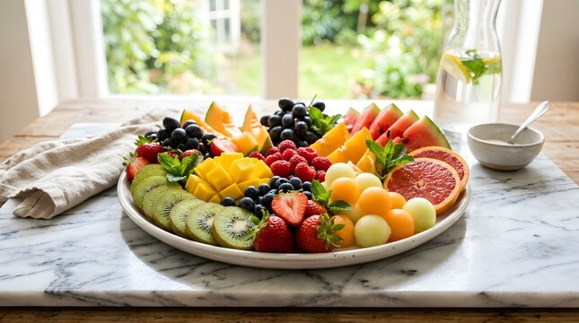 Fresh colorful assorted fruit platter served on marble surface with grapefruit assorted colorful vegetarian nutrition vitamins breakfast