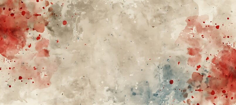 Abstract watercolor paper texture featuring vibrant red splashes and dusty beige tones created with artistic ink drips on textured canvas