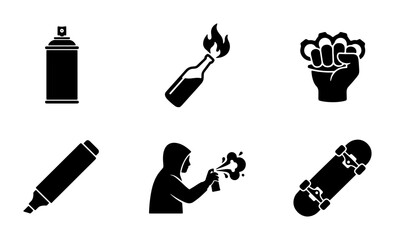 Urban Street Art Icons: Spray Paint, Molotov Cocktail, Brass Knuckles, Marker, Skateboard, Graffiti Artist Vector Set