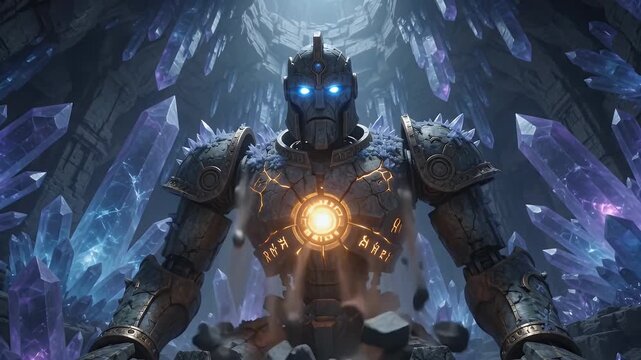 Ancient stone guardian robot sitting amidst a cavern filled with glowing purple and blue crystals, fantasy concept art