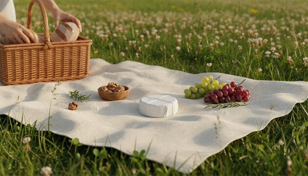 Summer picnic setting with a white wrapped cheese wheel on a sun-drenched lawn