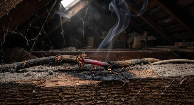 Old frayed electrical wire sparks and burns in dusty attic with smoke.