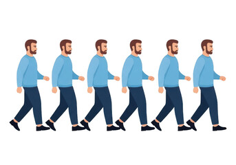 Obraz premium Sequence of a man walking in a casual blue sweater and dark pants isolated on transparent background