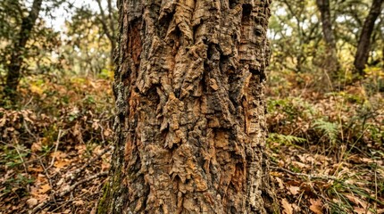 Obraz premium Close-up of Rough Cork Oak Tree Bark in a Forest Setting.