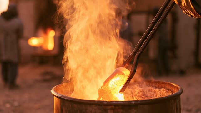 Raku firing reduction barrel with billowing smoke in sharp focus and blurred pottery workers behind. Concept of raku ceramic firing craft.