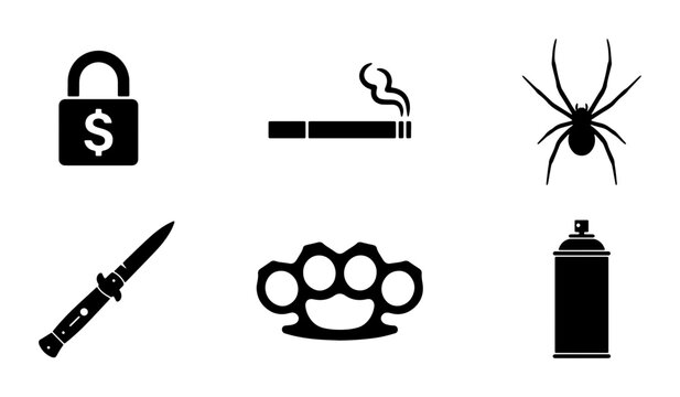 Set of 6 Black Danger Icons: Padlock with Dollar, Smoking Cigarette, Spider, Switchblade Knife, Brass Knuckles, Spray Paint Can