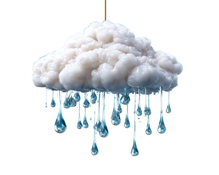 Raincloud Delight: A fluffy white cloud descends with a cascade of sparkling water droplets, symbolizing refreshment and the gentle beauty of a shower.
