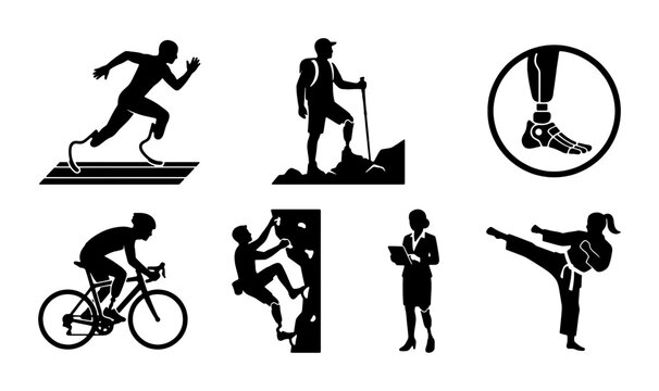 Adaptive Sports Icons Set, Disabled Athlete Illustrations, Parathlete Vector Graphics, Inclusive Fitness Symbols, Sportsman Silhouette Collection