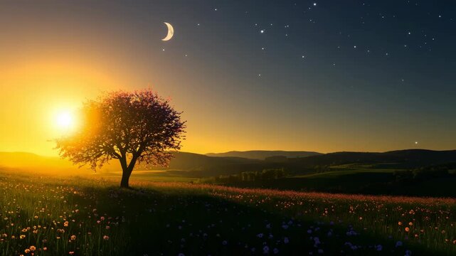 Golden sun sets behind lone tree. Purple blossoms dot the meadow. Stars twinkle as crescent moon appears. Distant hills fade beneath twilight glow. Nature's quiet beauty in dusk hour