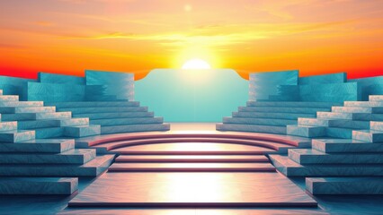 Fototapeta premium Geometric structures frame vibrant sunset. Light radiates from horizon, creating surreal, dreamlike scene. Steps lead toward glowing center.